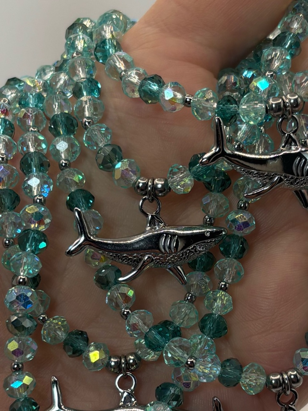 *ANKLET* S. Steel Silver Shark with Blue Crystal Stretchy Anklet - Picture 5 of 7